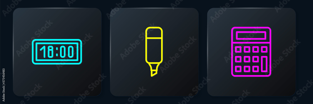 Poster set line digital alarm clock, calculator and marker pen. black square button. vector.