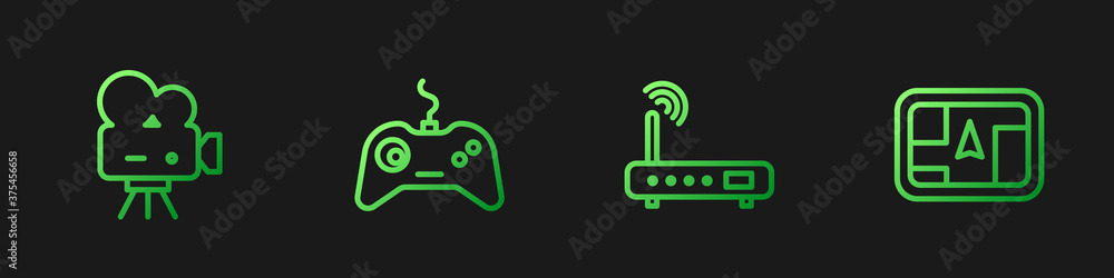 Poster set line router and wi-fi signal, retro cinema camera, gamepad and gps device with map. gradient col