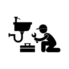 Plumbing service set. Professional plumber, different tools and accessories, pipe repair, elimination of leaks.