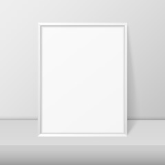 Vector 3d Realistic A4 White Wooden Simple Modern Frame on a White Shelf or Table and White Wall Background. It can be used for presentations. Design Template for Mockup, Front View