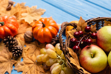 selective focus of autumnal harvest in basket and foliage on blue wooden background
