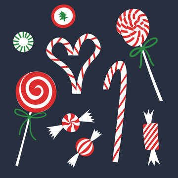 Christmas candies set. Candy cane, swirl lollipop, spiral lollypop, peppermint bonbons in wrappers. Sweet hard caramel decoration for xmas celebration.
