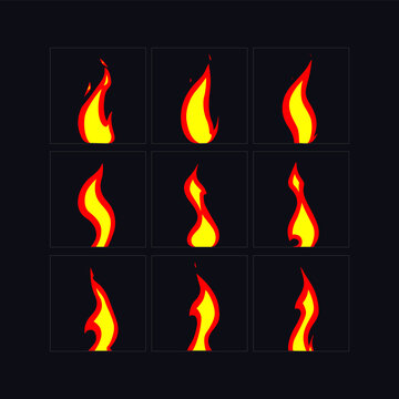 Sprite Sheets Flame animation. Fire sprites sheet for torch, campfire, games, cartoon or animation and motion design. Vector fire effect illustration.