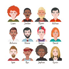 Set of Men Avatars. Twelve Characters from Different Subcultures and Social Strata.  Beautiful Men with Names. Diversity of Cultures. Vector Illustration.
