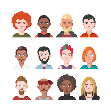 Set of Men Avatars. Twelve Characters from Different Subcultures and Social Strata.  Beautiful Men. Diversity of Cultures. Vector Illustration.