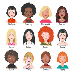 Set of Woman Avatars. Twelve Characters from Different Subcultures and Social Strata. Beautiful Women with Names. Diversity of Cultures. Vector Illustration.
