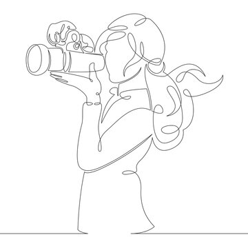 the girl is shooting on a photo camera