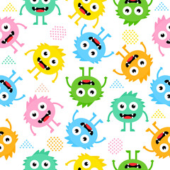 Seamless pattern cartoon cute monsters background. Halloween design vector illustration isolated on white background