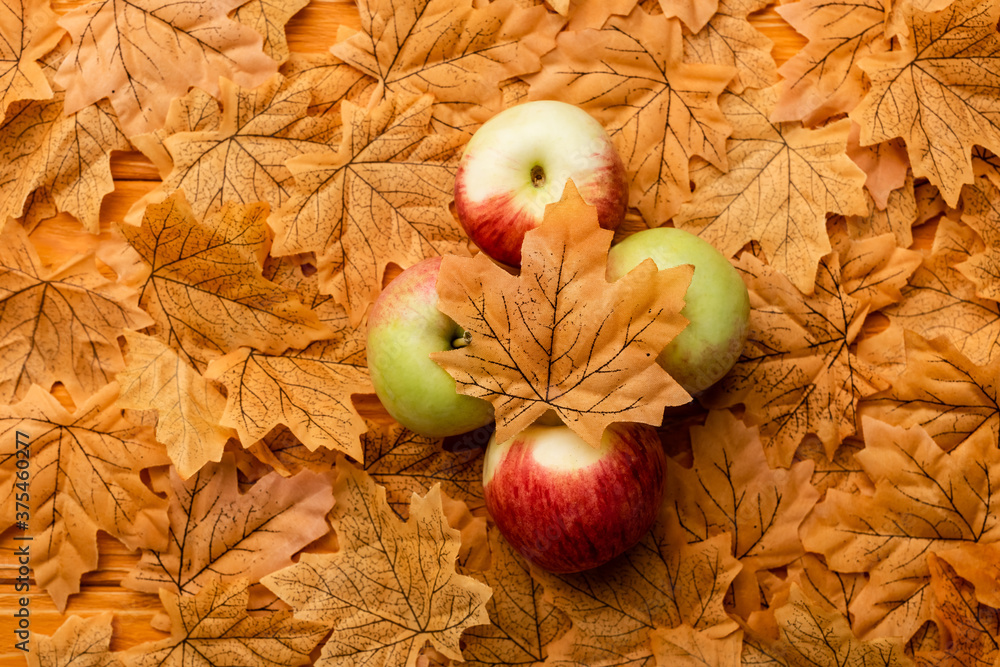 Wall mural top view of ripe tasty apples and autumnal foliage - Wall murals