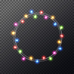 Christmas color lights wreath. Glowing colorful xmas garland. Merry Christmas luxury frame. Holiday design for greeting card, banner, poster, invitation. Vector illustration