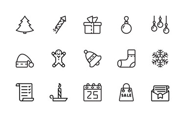Fototapeta premium A simple set of New Year and Christmas related vector linear icons. 48x48 Pixel Perfect. Editable Stroke.