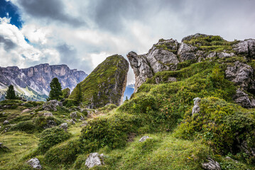 panoramic view of a mountain range in nature park puez odle and puez geisler in the dolomite region, south Tyrol  near St. Ulrich and Wolkenstein