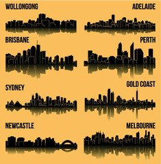 Set of 8 City silhouettes in Australia ( Sydney, Melbourne, Perth, Gold Coast, Wollongong, Brisbane, Newcastle, Adelaide )