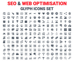 SEO Glyph Icons Set. Glyph Icons Set of Search Engine Optimization, Website and APP Design and Development. Simple Glyph Pictogram Pack. Logo Concept, Web Graphic. Vector icons. 
