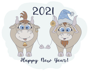 Year of the bull. 2021. Funny characters a cute bull in a New Years hat and a funny cow with a haircut. New Year card and Happy New Year greetings. For festive design and decoration. Vector 