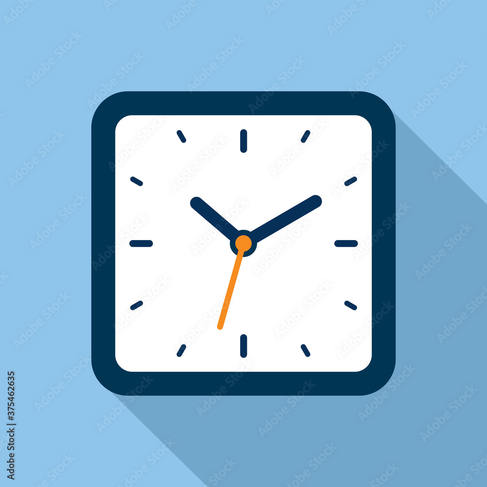 Poster clock icon in flat style, square timer on blue background. business watch. vector design element for