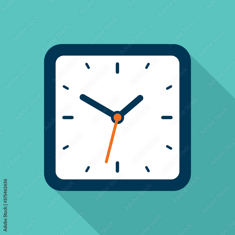 Poster clock icon in flat style, square timer on blue background. business watch. vector design element for