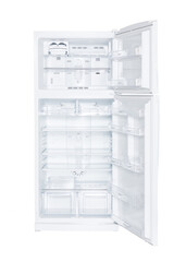 Open an empty mini fridge Refrigerator Isolated on White Background. Modern Kitchen and Domestic Major Appliances.