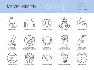 Icons 15 top tips for good mental health. Editable stroke. Get enough sleep eating well. Avoid alcohol, smoking manage stress. Activity and exercise sociability taking care of your body digital detox