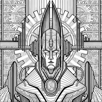 Mechanic character close-up, cyborg or robot, Lord of Time with broad shoulders in helmet with horns, with reactor in the chest, patterns, mechanism and gear wheels on background. Coloring, line art.