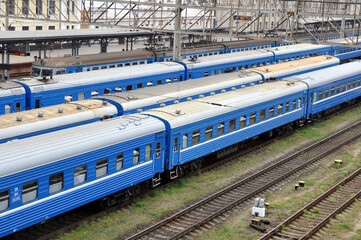Brest, Belarus - August 7, 2020: Carriages of the Belarusian railway at the Brest railway station,...