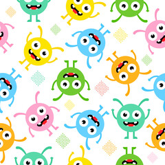 Seamless pattern cartoon cute monsters background. Halloween design vector illustration isolated on white background
