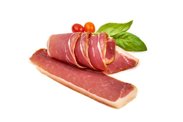 Italian prosciutto crudo or spanish jamon. Jerked ham, isolated on white background