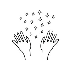 Magical hands up with stars hand drawn illustration. Dreams come true. Doodle sparkles isolated on white background. Black icon picture. 