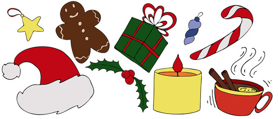 christmas set - santa hat, decorations, treats, gifts, tea and sugar cane, cute winter doodles, vector set of colored elements in doodle style