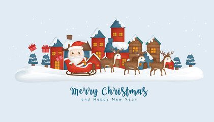 Christmas background with the snow village , Santa clause and friends.