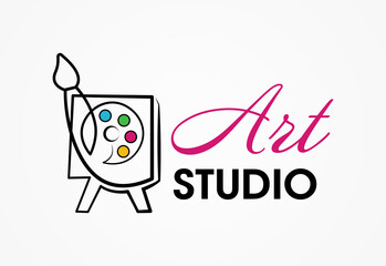 Creative concept of one line for art school or art studio. Easel palette and brush icon. Painting academy sign.