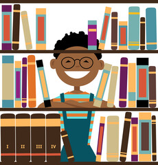 Smiling boy looking through library book shelves, EPS 8 vector illustration