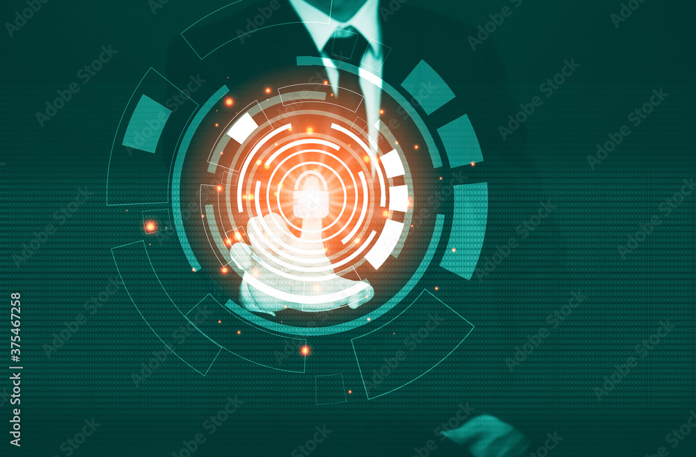 Poster businessman touching in graph screen code of a media screen on the white background,technology proce
