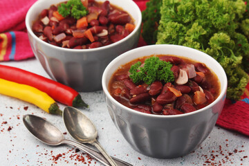 Two bowls with traditional Georgian dish - lobio	