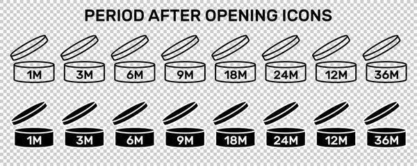 Period after open icons set. PAO symbols. Round box with cap opened. Expiration period in months signs for cosmetic packaging on transparent background.