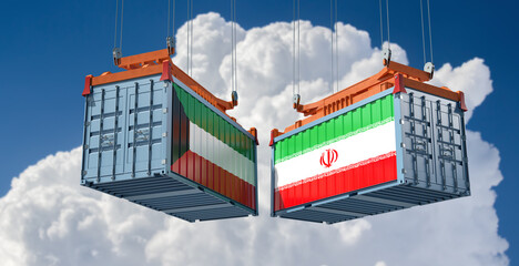 Freight containers with Kuwait and Iran flag. 3D Rendering 