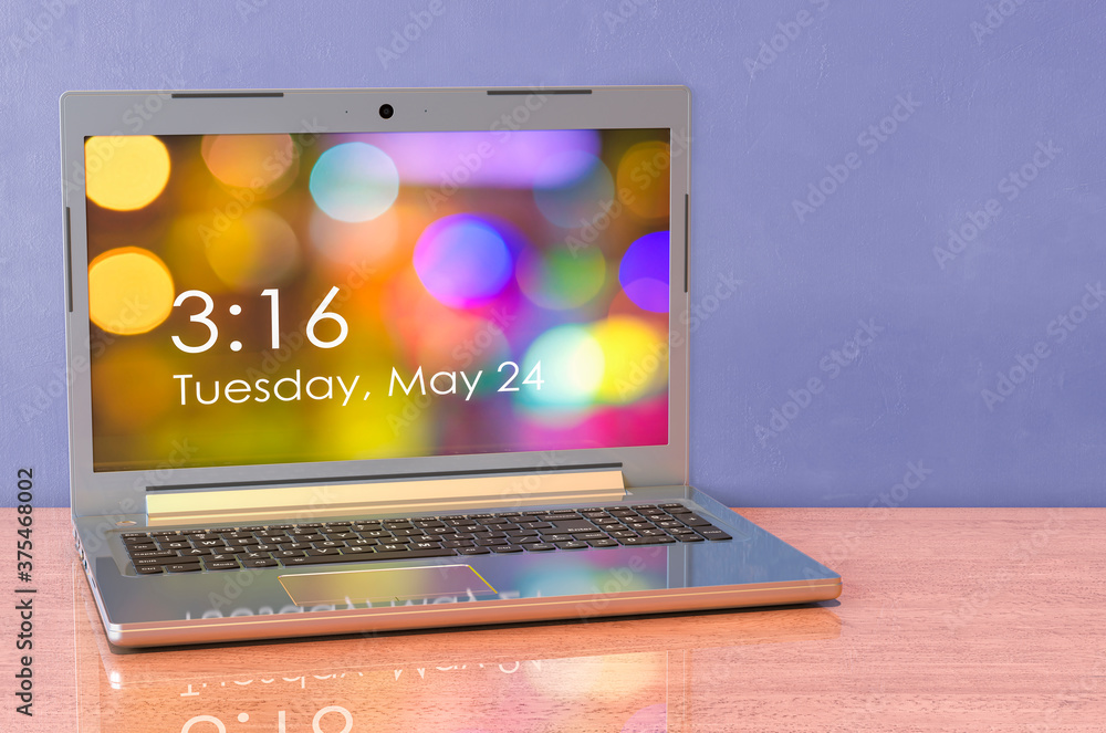 Aufkleber modern laptop with opened display on wooden desk. 3d rendering