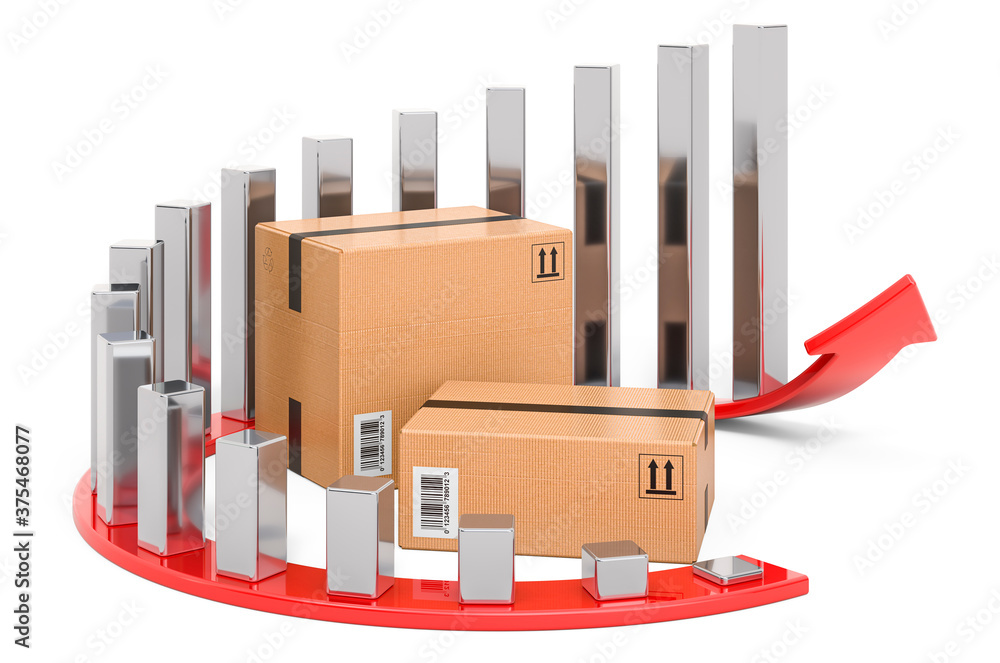 Poster parcel with growing chart and red arrow. 3d rendering