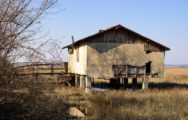 Old fisherman house abandoned. 150 years old. Cona Island nature reserve, Italy.