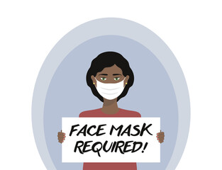 Elegant black lady holds a sign, face mask required message illustration