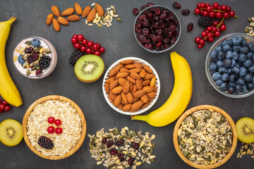 Group Fruits Breakfast with bread Whole grains and nuts, yogurt mix with Cherry , banana, avocado in the wooden table. Breakfast for Health and Diet concept