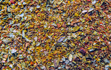 Background of a mixture of spices for soup close-up.
