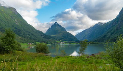 Fototapeta na wymiar Gorgeous, mountain lake and fjord scenery along the Gaular River Valley, Sunnfjord, Vestland, Norway