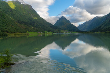 Gorgeous, mountain lake and fjord scenery along the Gaular River Valley, Sunnfjord, Vestland, Norway