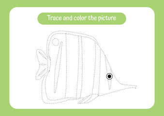 Tropical fish. Trace and color the picture.Educational game for children. Handwriting and drawing practice. Ocean theme activity for toddlers, kids.