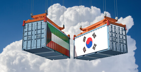 Freight containers with Kuwait and South Korea flag. 3D Rendering 