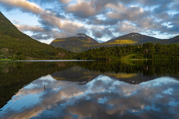 Gorgeous, mountain lake and fjord scenery along the Gaular River Valley, Sunnfjord, Vestland, Norway