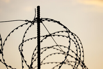Silhouette of barbed wire on evening sky background. Concept of boundary, prison, war or immigration