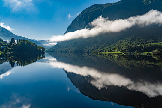 Gorgeous, mountain lake and fjord scenery along the Gaular River Valley, Sunnfjord, Vestland, Norway
