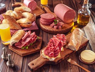 Mortadella sandwich with orange juice, bread, butter and spices on wood background © Marcio Tibilletti